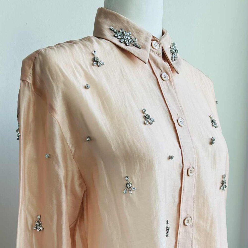 Zara Blush Pink Lyocell Semi-Sheer Crystal-Embellished Button Blouse – US XS
